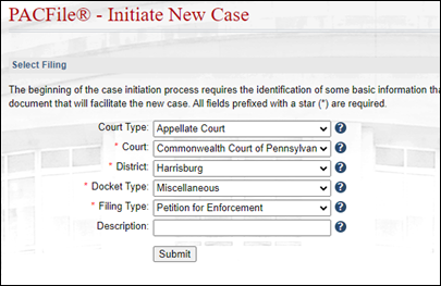 The Select Filing screen in the Case Initiating wizard.